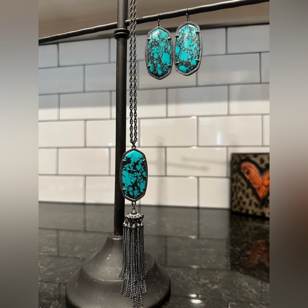 Kendra Scott Rayne Gunmetal Variegated Turquoise Necklace & Drop Earrings Set